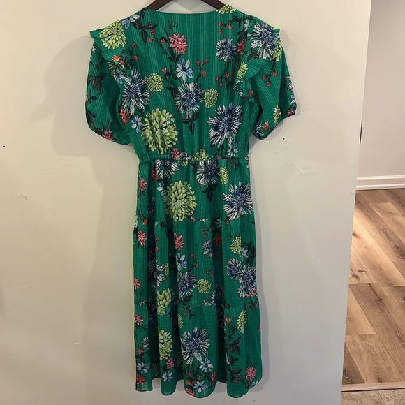 LOFT Floral Ruffle V-Neck Midi Dress - Size XS Petite - Picture 6 of 7
